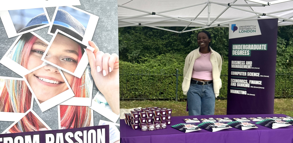girl standing at recruitment table in field